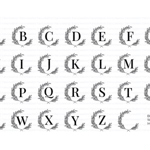 May include: A black and white image of a wreath alphabet with each letter of the alphabet inside a wreath. The wreath is made of leaves and branches. The letters are in a simple, sans-serif font. A blank wreath is included.