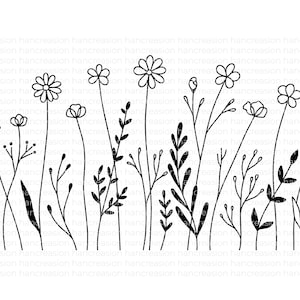 May include: Black and white line art illustration of a field of wildflowers. The illustration features various types of flowers and foliage, including daisies, small flowers, and leaves.