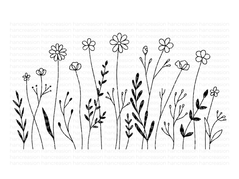 May include: Black and white line art illustration of a field of wildflowers. The illustration features various types of flowers and foliage, including daisies, small flowers, and leaves.