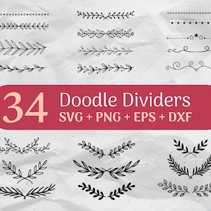 34 テキスト区切り SVG バンドル、葉 SVG、花輪 SVG、花飾り SVG、花枠 SVG、花枠 SVG 商用利用カット ファイル SVG/Png/Eps/Dxf