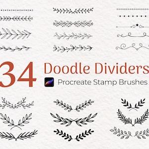 Puede incluir: 34 Doodle Dividers Procreate Stamp Brushes. Un conjunto de 34 divisores de doodle en blanco y negro, que incluyen diseños florales, geométricos y de estrellas. Estos divisores son perfectos para agregar un toque de fantasía a tu arte digital.