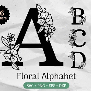 Alfabeto floral SVG, apellido svg, monograma inicial svg, florecimiento svg, boda svg, carta de flores, archivo cortado por láser, clipart png/eps/dxf