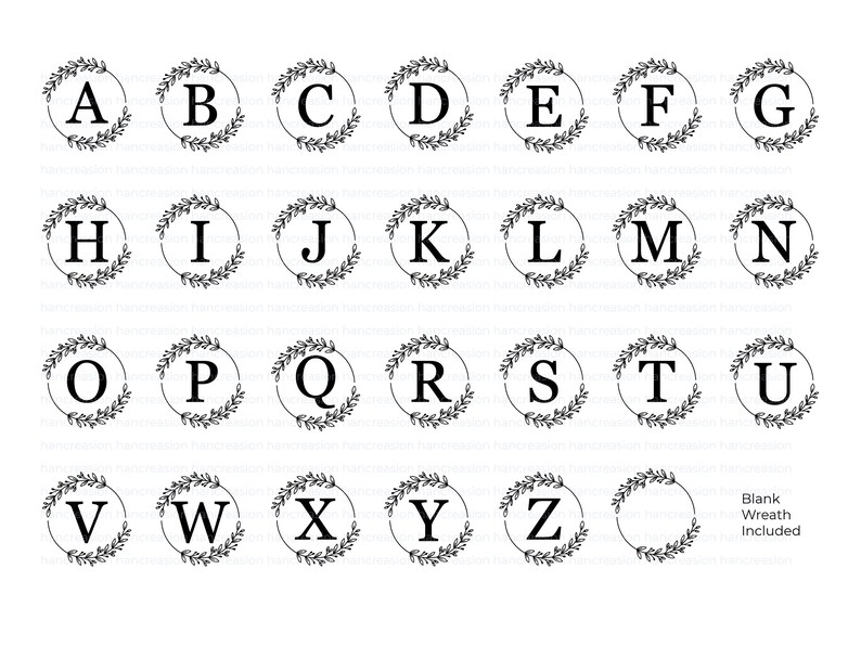May include: A set of 26 alphabet letters in black, each surrounded by a black wreath. A blank wreath is also included.