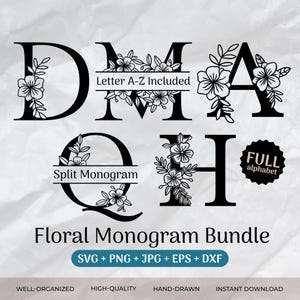Paquete SVG de monograma floral, monograma dividido, apellido SVG, monograma inicial, clipart de alfabeto floreado, archivos de corte de letras divididas PNG/EPS/DXF