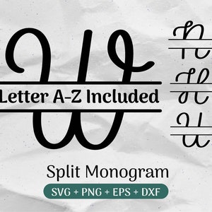 Paquete SVG de monograma dividido, letra derramada svg, imágenes prediseñadas del alfabeto, apellido svg, marco de nombre de familia, archivos de corte de uso comercial svg/png/eps/dxf