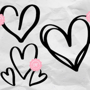 May include: Three black hand-drawn hearts on a white textured background. The hearts are different sizes and shapes.