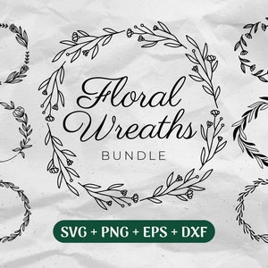 Pacote SVG de guirlanda floral, clipart de guirlanda de flores, coroa de louros desenhada à mão Svg, moldura circular Svg, arquivos de corte para uso comercial Svg/Png/Eps/Dxf