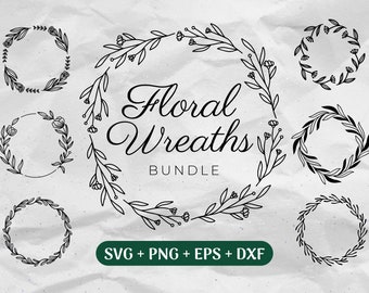 Floral Wreath SVG Bundle, Flower Wreath Clipart, Hand Drawn Laurel Wreath Svg, Circle Frame Svg, Commercial Use Cut Files Svg/Png/Eps/Dxf