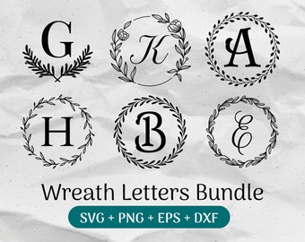 Pacchetto SVG monogramma, cognome SVG, monogramma iniziale SVG, clipart alfabeto Flourish, file di taglio per uso commerciale del font lettera Laurel Png/Eps/Dxf