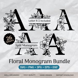 Bundle floral monogramme SVG, monogramme séparé, nom de famille Svg, monogramme initial, s'épanouir des cliparts Alphabet, split lettre fichiers coupés Png/Eps/Dxf