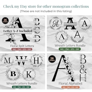 K&ouml;nnte beinhalten: Vier digitale Designs mit floralen und Kranz-Buchstaben-Paketen. Die Designs beinhalten ein vollst&auml;ndiges Alphabet aus floralen geteilten Buchstaben, ein Kranz-Buchstaben-Paket mit den Buchstaben A, H, M, B und K, ein florales Alphabet mit den Buchstaben A, B und H sowie ein geteiltes Monogramm mit den Buchstaben A, A und A. Die Designs sind in den Formaten SVG, PNG, EPS und DXF verf&uuml;gbar.