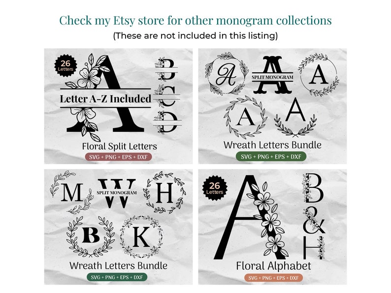 K&ouml;nnte beinhalten: Vier digitale Designs mit floralen und Kranz-Buchstaben-Paketen. Die Designs beinhalten ein vollst&auml;ndiges Alphabet aus floralen geteilten Buchstaben, ein Kranz-Buchstaben-Paket mit den Buchstaben A, H, M, B und K, ein florales Alphabet mit den Buchstaben A, B und H sowie ein geteiltes Monogramm mit den Buchstaben A, A und A. Die Designs sind in den Formaten SVG, PNG, EPS und DXF verf&uuml;gbar.
