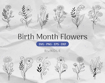 Birth Month Flower SVG Bundle, Bouquet Clipart, Floral Svg, Botanical Svg, Flower Tattoo, Greenery Wildflower Svg, Birthday Doodle Cut Files