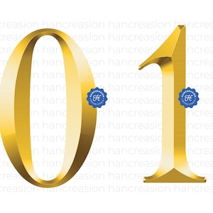 May include: A gold-colored 3D number "01" with a slight sheen. The numbers are set against a white background.
