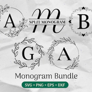 Pacchetto SVG monogramma, cognome SVG, monogramma iniziale SVG, clipart monogramma diviso, file di taglio per uso commerciale del font lettera Laurel Png/Eps/Dxf