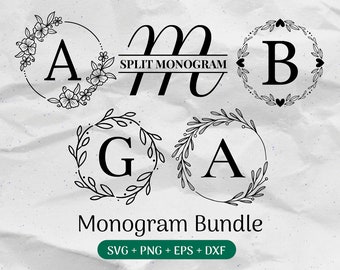 Monogram SVG Bundle, Last Name Svg, Initial Monogram Svg, Split Monogram Clipart, Laurel Letter Font Commercial Use Cut Files Png/Eps/Dxf