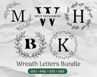 Monogram SVG Bundle, Last Name Svg, Initial Monogram, Flourish Alphabet Clipart, Family Cutting Board Laurel Letter Cut Files Png/Eps/Dxf