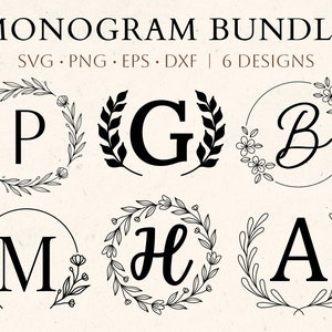 Monogramm SVG-Bundle, Nachname Schmuck, Initial Monogramm Schmuck, Flourish Alphabet Clipart, Lorbeer Buchstabe Schriftart, Familienname Laser Cut-Dateien Png / Dxf