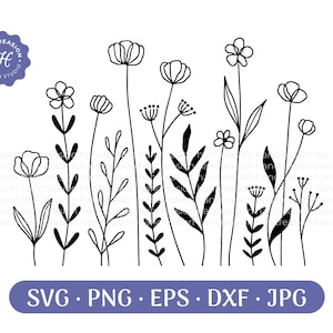 Flower Meadow Svg, Line Art Flower Svg, Wildflower Svg, Meadow Svg, Floral Svg, Botanical PNG, Greenery Clipart, Leaf Vector, Cut Files Dxf