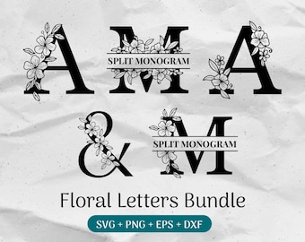 Paquete SVG de monograma floral, monograma dividido, apellido Svg, monograma inicial, imágenes prediseñadas del alfabeto floreciente, archivos de corte de letras divididas Png/Eps/Dxf