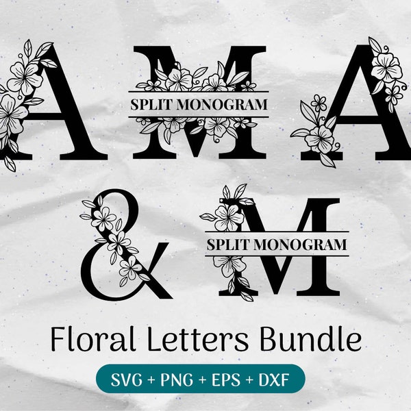 Floral Monogram SVG Bundle, Split Monogram, Svg de nom de famille, Initial Monogram, Flourish Alphabet Clipart, Split Letter Cut Files Png/Eps/Dxf