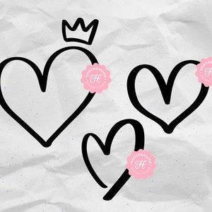 May include: Three black hand-drawn hearts with a crown on top of the leftmost heart. Each heart has a pink circle with the text "HANDCREATION DESIGN STUDIO" and a stylized "H" inside.