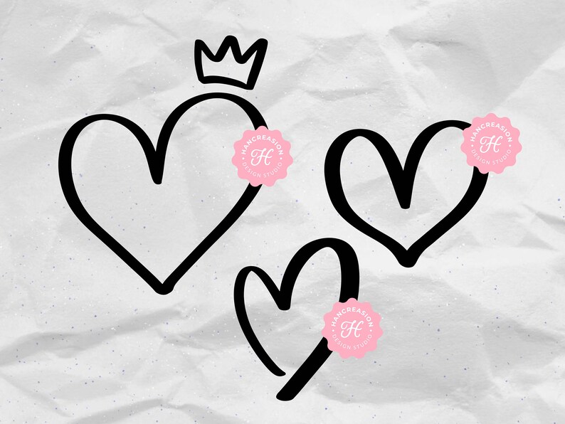 May include: Three black hand-drawn hearts with a crown on top of the leftmost heart. Each heart has a pink circle with the text "HANDCREATION DESIGN STUDIO" and a stylized "H" inside.