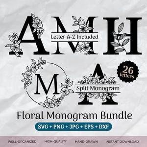 Bundle floral monogramme SVG, monogramme séparé, nom de famille Svg, monogramme initial, s'épanouir des cliparts Alphabet, split lettre fichiers coupés Png/Eps/Dxf
