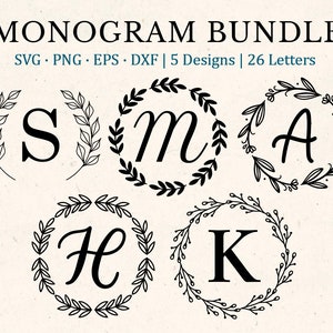 Monogram SVG-bundel, achternaam Svg, eerste monogram Svg, bloeien alfabet Clipart, Laurel Letter lettertype commercieel gebruik gesneden bestanden Png/Eps/Dxf