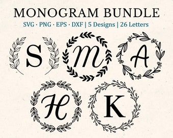 Monogram SVG Bundle, Last Name Svg, Initial Monogram Svg, Flourish Alphabet Clipart, Laurel Letter Font Commercial Use Cut Files Png/Eps/Dxf