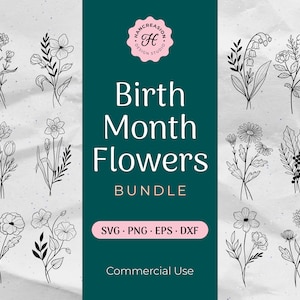 Paquete SVG de flores del mes de nacimiento, clipart de ramo, svg floral, svg botánico, tatuaje de flores, greenery wildflower svg, archivos de corte de doodle de cumpleaños