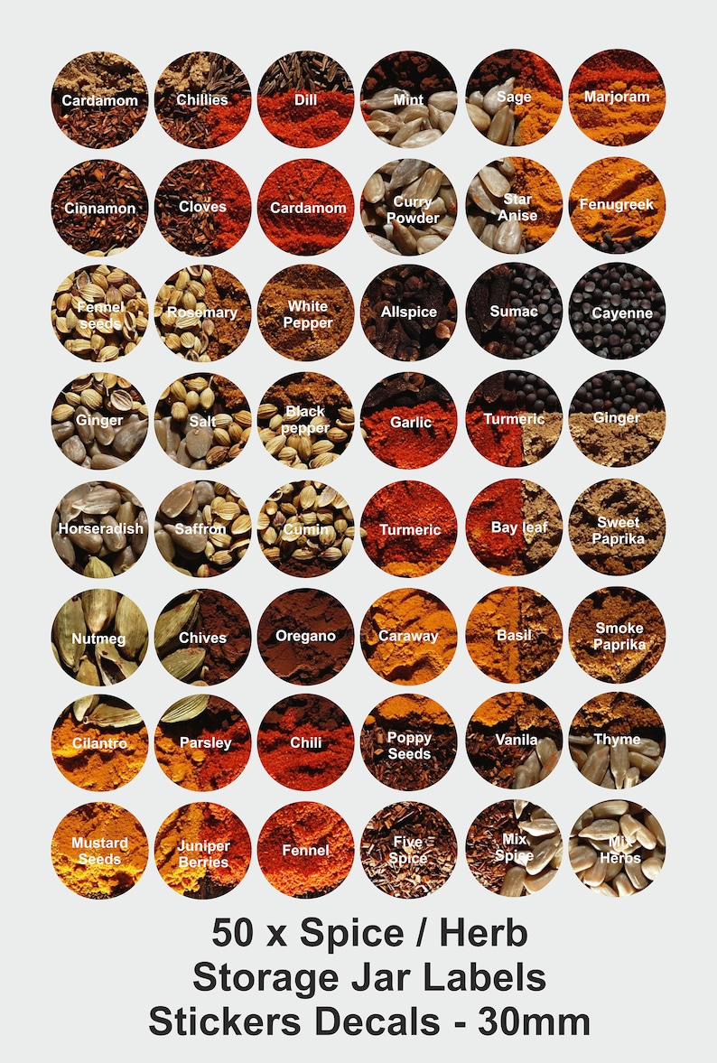 50 X Spice and Herb Jar Labels Stickers Decals 30mm Round Etsy
