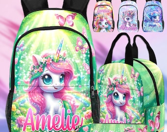 Personalized Unicorn Backpack, Lunch Bag & Pencil Pouch Set: Custom Name School Bag, Gifts for Kids