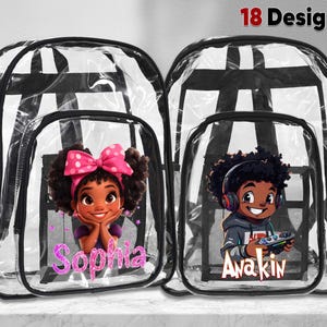 May include: Two clear backpacks with black and white striped accents. One features a cartoon girl with a pink bow and the name "Sophia" in glitter. The other backpack has a cartoon boy with headphones and a game controller, with the name "Anakin".