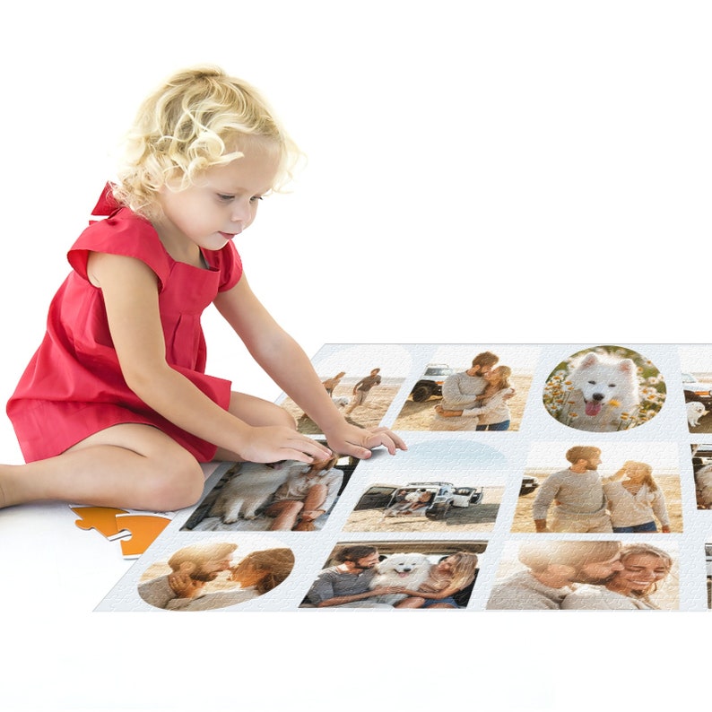 May include: A young girl in a red dress is putting together a photo puzzle. The puzzle is made up of 12 photos of a couple and their dog. The photos are in a grid pattern and are all in color.