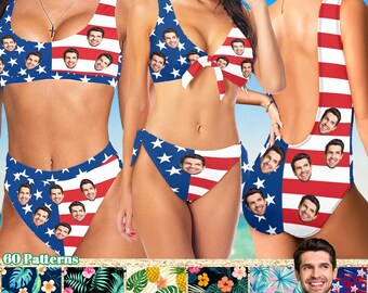 Custom American Flag Hawaii Swimsuit, Personalized Swimsuit with Face, Custom Face Bathing Suit, Custom Independence Day Face swimsuit party