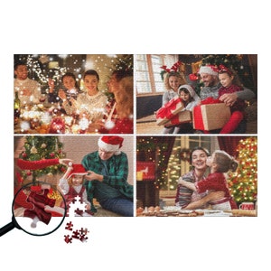 May include: A collage of four photos showing a family celebrating Christmas. The first photo shows a group of people gathered around a table, the second photo shows a family opening presents, the third photo shows a family decorating a Christmas tree, and the fourth photo shows a family enjoying a Christmas meal.