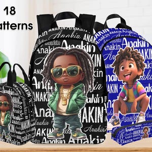 May include: A collection of backpacks, a lunch bag, and a pencil case. The items feature a cartoon illustration of a character wearing sunglasses and a gold chain. The word "Anakin" is repeated throughout the design. The text "18 Patterns" is in the upper left corner.