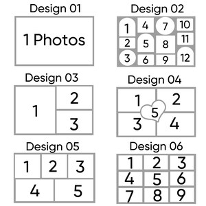 May include: Six different designs for photo layouts. The first design shows a single photo with the text "1 Photos". The second design shows a 3x4 grid with numbers 1 through 12 in each square. The third design shows a 2x2 grid with numbers 1, 2, and 3 in each square. The fourth design shows a 2x2 grid with numbers 1, 2, 3, 4, and 5 in each square. The fifth design shows a 2x3 grid with numbers 1, 2, 3, 4, 5, 6, 7, 8, and 9 in each square. The sixth design shows a 2x2 grid with numbers 1, 2, 3, and 4 in each square.