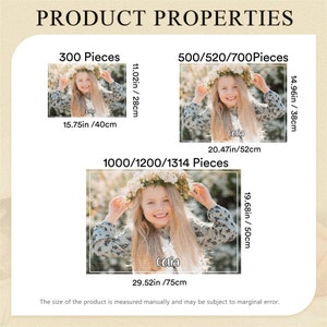 May include: A set of four jigsaw puzzles featuring a young girl wearing a flower crown. The puzzles are available in 300, 500/520/700, and 1000/1200/1314 pieces. The finished puzzle sizes are 15.75 inches by 11.02 inches, 20.47 inches by 14.96 inches, and 29.52 inches by 19.68 inches.