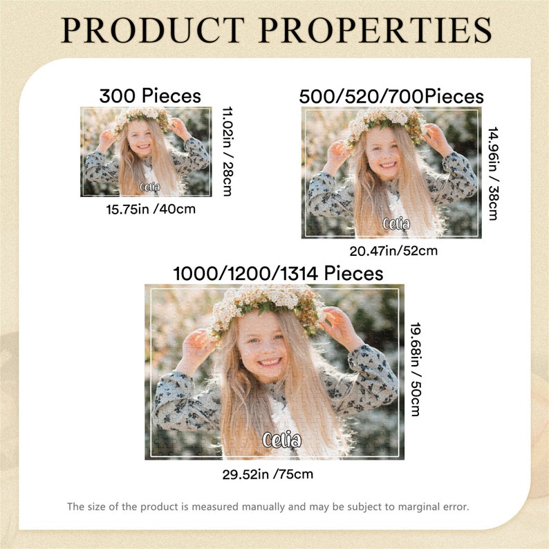 May include: A set of four jigsaw puzzles featuring a young girl wearing a flower crown. The puzzles are available in 300, 500/520/700, and 1000/1200/1314 pieces. The finished puzzle sizes are 15.75 inches by 11.02 inches, 20.47 inches by 14.96 inches, and 29.52 inches by 19.68 inches.