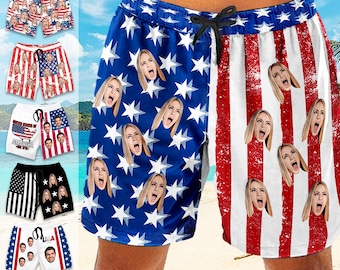 Personalized American Flag Swim Trunks: Custom Face Beach Shorts