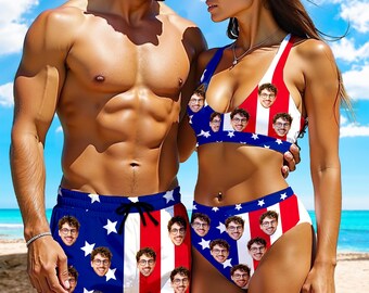 Custom Swimsuit with Face, Custom Face American Flag Swimwear, Personalized Photo Bikini for Women, Custom Bathing Suit,Bachelorette Party