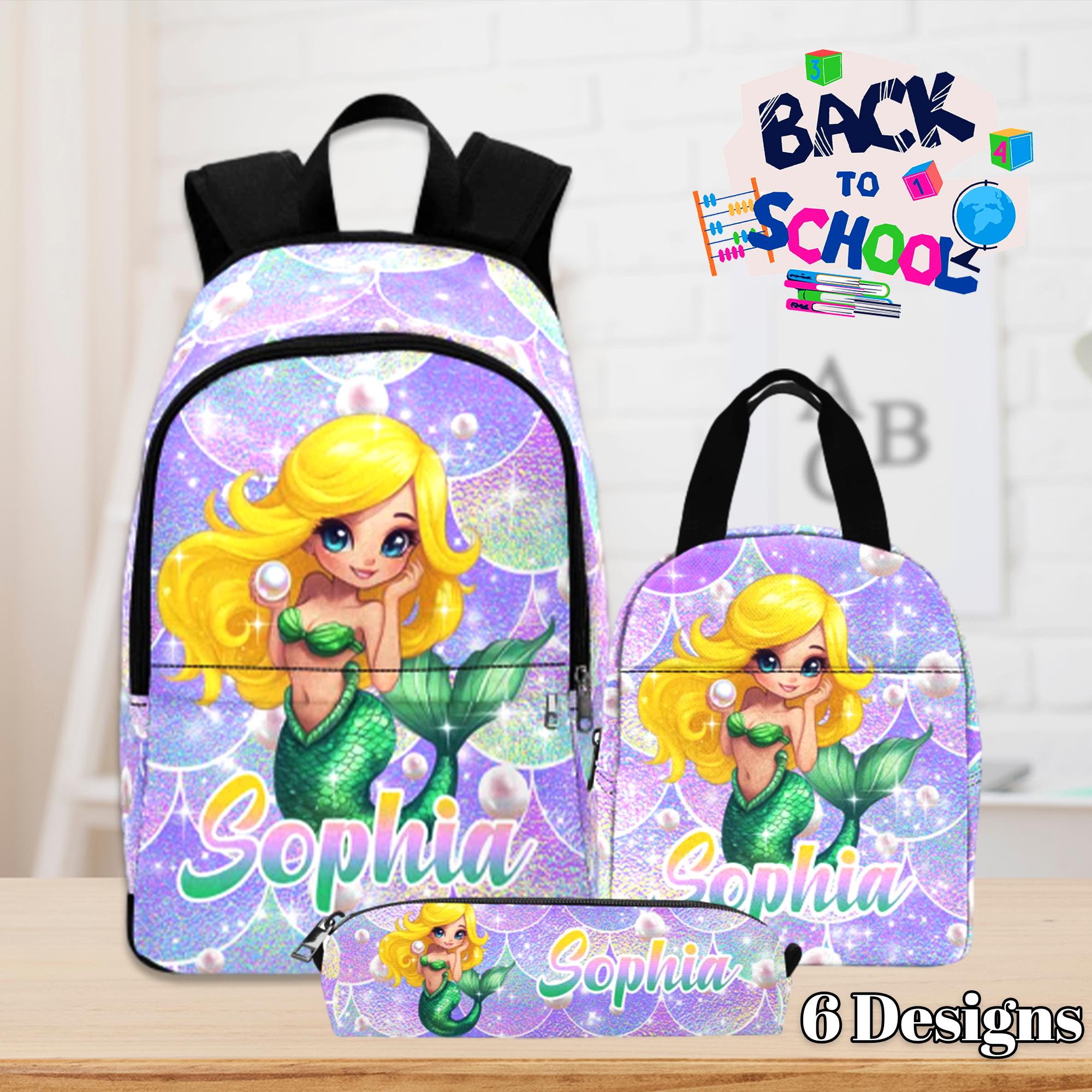 Personalized Mermaid Backpack Set: Girls School Bag, Lunchbox & Pencil Case