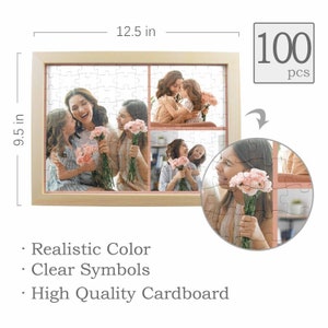 May include: A 100 piece jigsaw puzzle featuring a collage of four photos of mothers and daughters holding flowers. The puzzle is framed in a light wood frame and measures 9.5 inches by 12.5 inches.