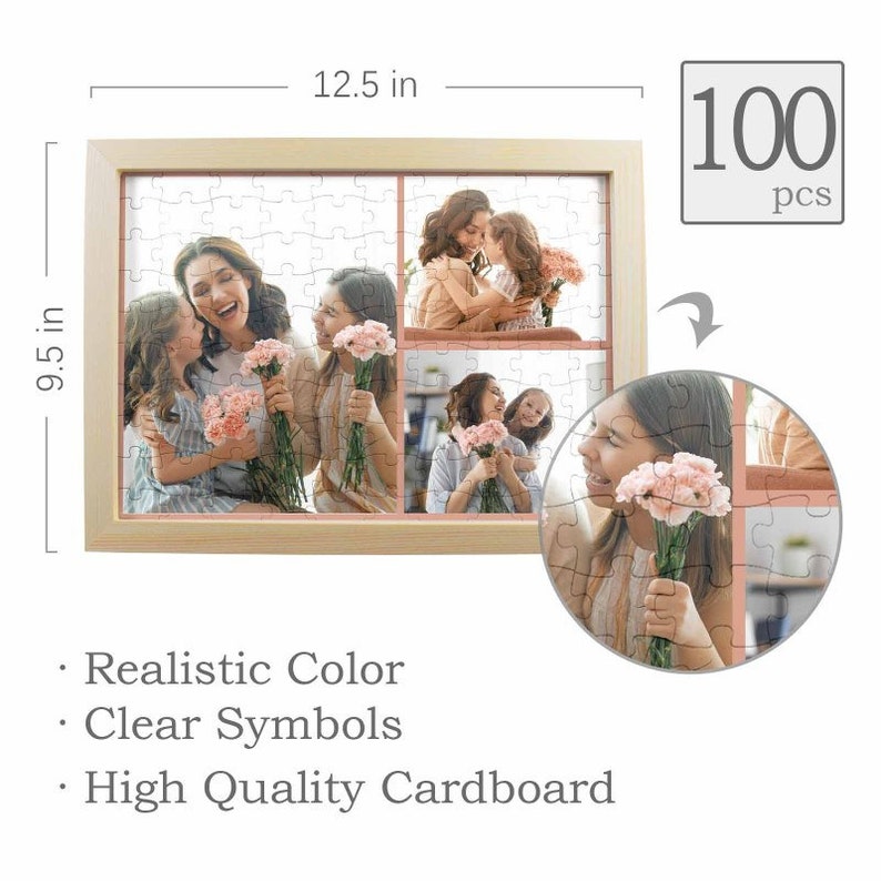 May include: A 100 piece jigsaw puzzle featuring a collage of four photos of mothers and daughters holding flowers. The puzzle is framed in a light wood frame and measures 9.5 inches by 12.5 inches.