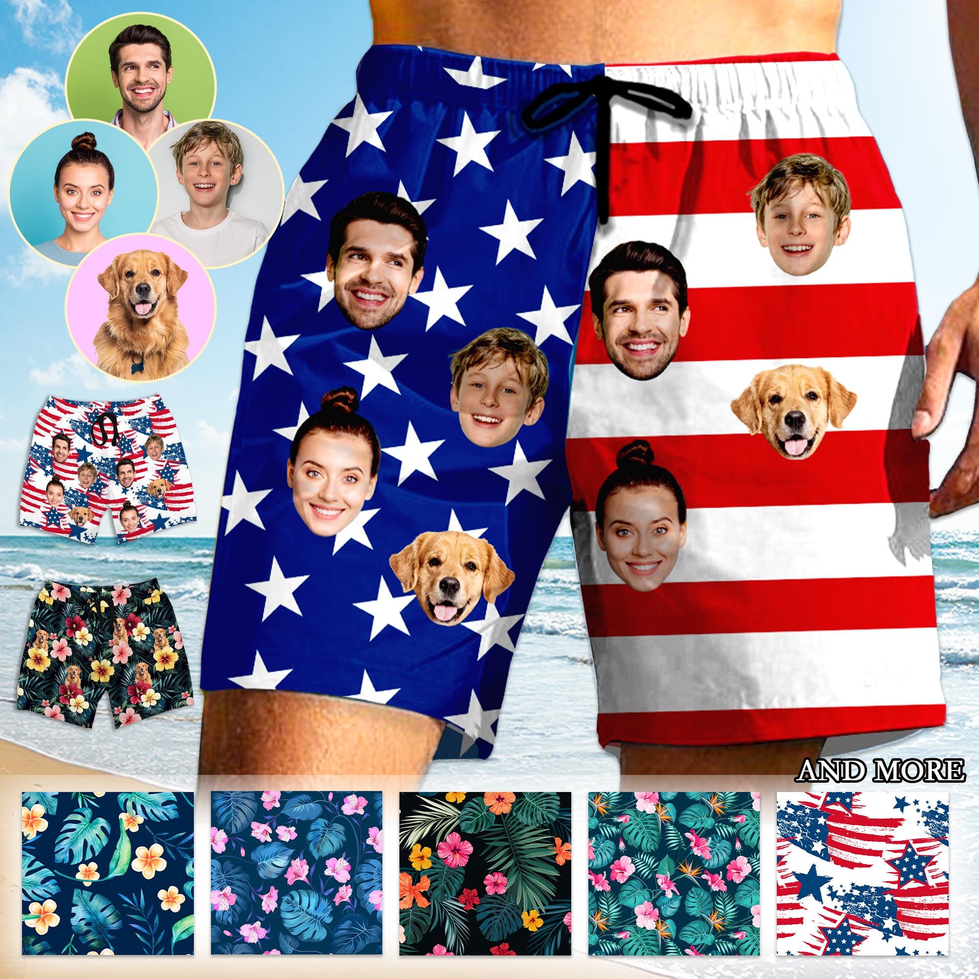Personalized American Flag Swim Trunks: Custom Face Photo Gift