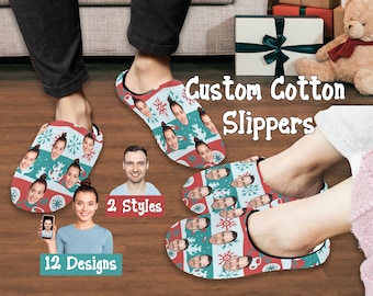 May include: Two pairs of custom cotton slippers with a Christmas-themed design featuring snowflakes and a repeating pattern of faces. The text "Custom Cotton Slippers" and "2 Styles" and "12 Designs" are visible in the image.