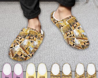 May include: Custom photo slippers with a collage design, featuring a warm autumn scene. The slippers are shown being worn, with a soft white interior. Additional pairs of slippers in various colors, including pink and yellow, are displayed below.