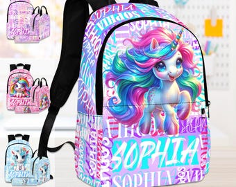 Personalized Unicorn Backpack Set: Kids School Bag, Lunchbox & Pencil Case